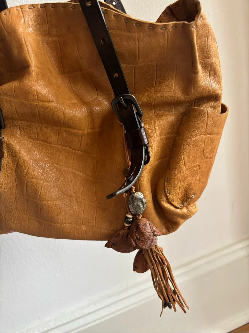 Caramel Brown Leather Hobo Bag with Dark Brown Strap and Tassel